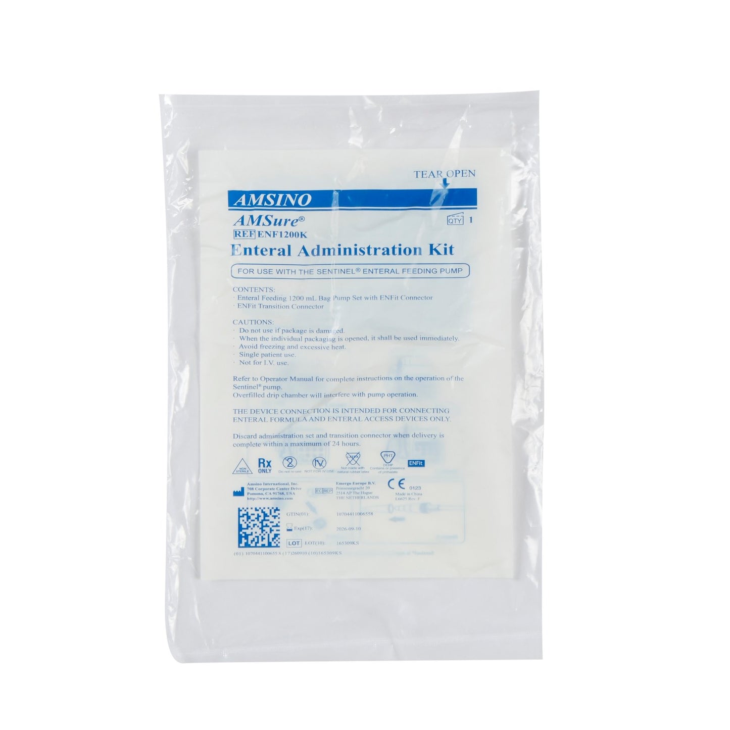 Amsure EnFit Enteral Pump Bag Set w/ "Transition" Connector1200cc 30ea/cs