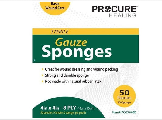 ProCure Gauze Sponges, 4"x4", 8-ply, Sterile, 2ea/pk 50pk/bx 12bx/cs