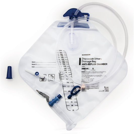 Drainage Bags, Urinary w/Hook, 2000ml w/Anti Reflux Valve, Latex-Free 20ea/cs