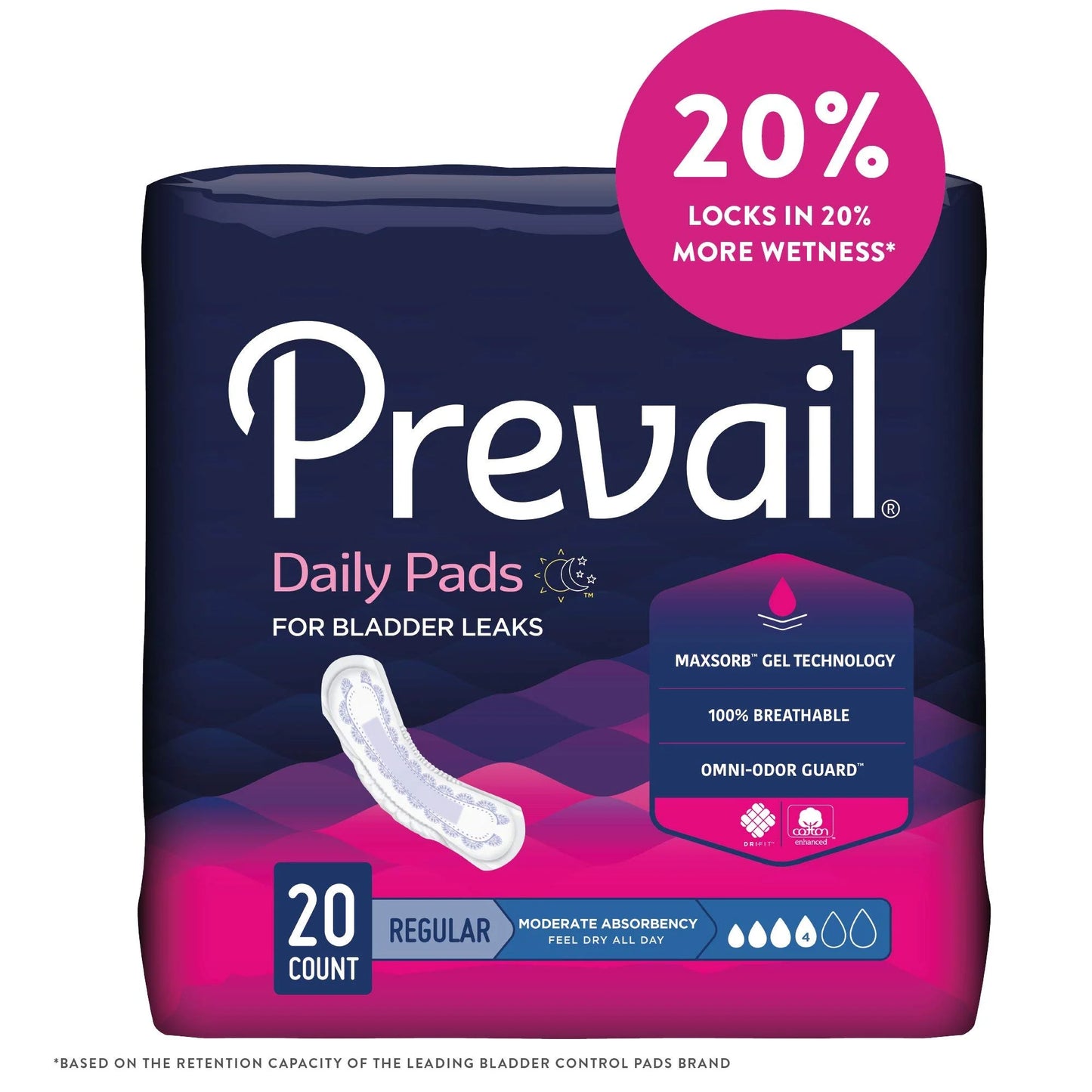 Bladder Control Pad Prevail® Daily Pads 9-1/4 Inch Length Moderate Absorbency Polymer Core One Size-(20/BG 9BG/CS)